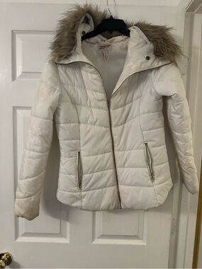 Arizona Jean Company Cream-Trim Quilted Puffer Jacket with Faux Fur Hood